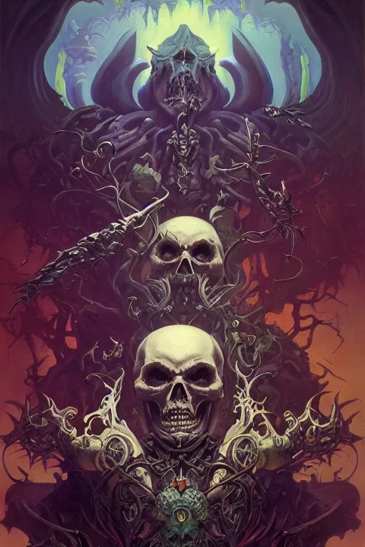 Image similar to evil gigantic skull lord of death, fantasy painting, ultra realistic, wide angle, art nouveau, intricate details, rainbowshift, vivid colors, highly detailed by peter mohrbacher, maxfield parrish, aaron horkey, gaston bussiere, craig mullins