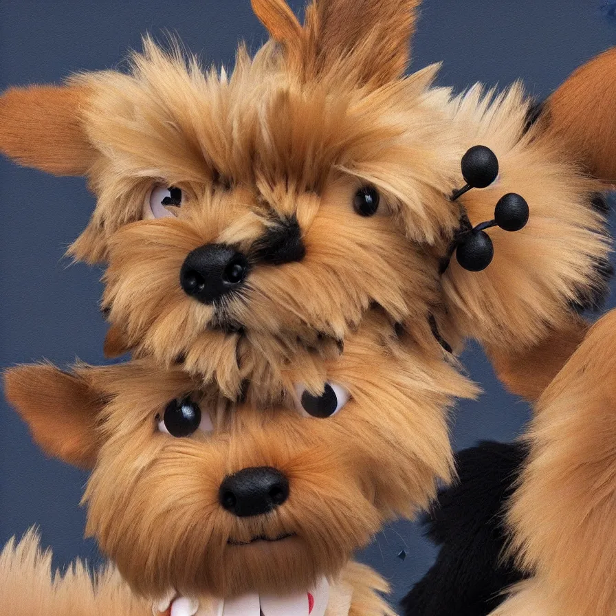 Prompt: Goro Fujita ilustration a very cute Yorkshire Terrier, with black and caramel fur on top of a plush monkey toy, painting by Goro Fujita, sharp focus, highly detailed, ArtStation