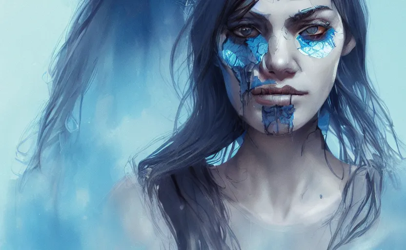 Prompt: A portrait of a beautiful woman with a shattered face in desert, eerie, blue color scheme, SFW, trending on artstation, cgsociety
