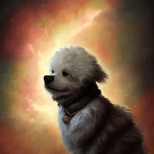 Prompt: fluffy dog, full body, alexander hamilton style, beautiful costume, on stage, dark fantasy, a dark nebula background, concept art, detailed, digital art, trending on art station, mark brooks, 3 - d 4 k