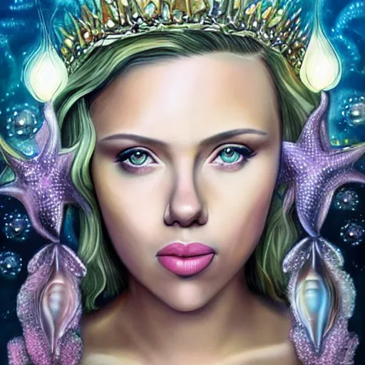 Image similar to “Scarlett Johansson portrait, fantasy, mermaid, cartoon, pearls, glowing hair, shells, gills, crown, water, highlights, starfish, goddess jewelry, realistic, digital art, pastel ”