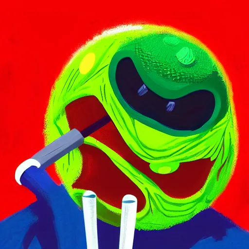 Image similar to a tennis ball monster with a tennis racquet, bust shot, smooth, intricate, elegant, power aura, digital painting, artstation, concept art, sharp focus, illustration, art by basil gogos - h 6 4 0