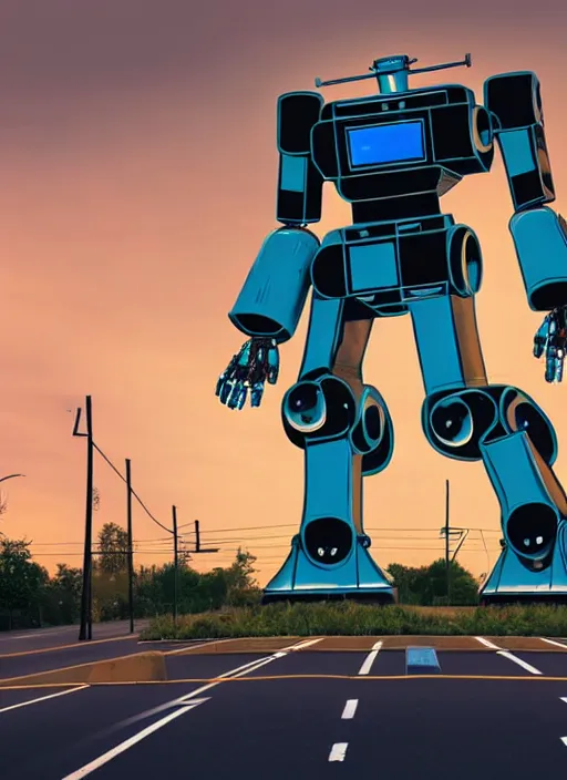 Image similar to a giant mecha robot made out of road signs walking down a street, photorealistic, highly detailed, hyper realistic, cinimatic, 8 k,