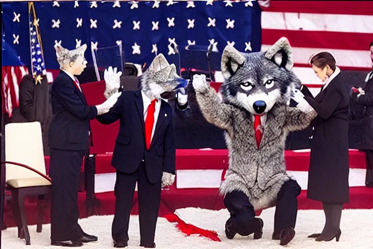 Image similar to photo of the usa presidential inauguration, a wolf fursuiter being inaugurated as president