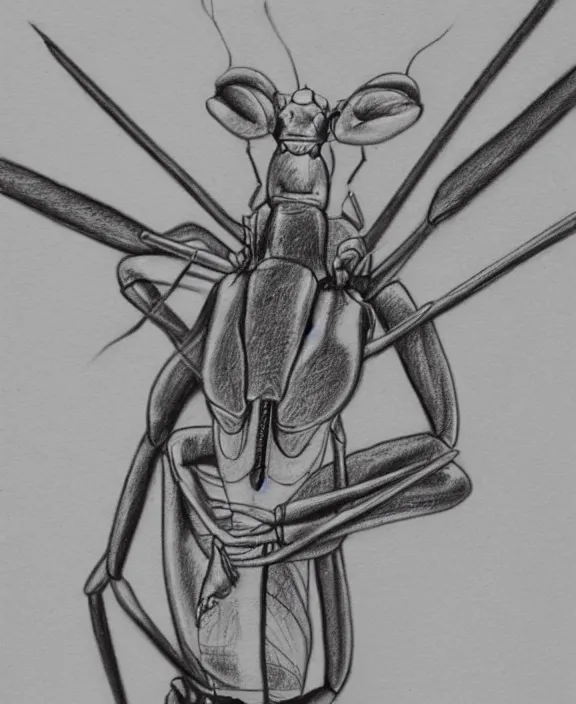 Image similar to a pencil drawing portrait of a cyborg praying mantis facing the camera