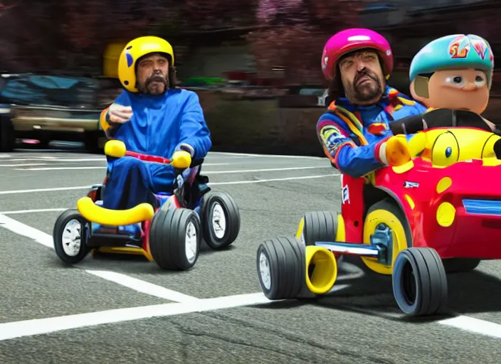 Image similar to peter dinklage racing patrick ewing driving a little tikes cars, movie still, from the new fast and furious movie, 8 k, realistic