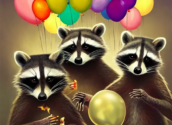 Prompt: a raccoon party with balloons, celebrating, eating, extremely happy raccoons, festival painting, overhead view, elegant intricate digital painting artstation concept art by mark brooks and brad kunkle detailed