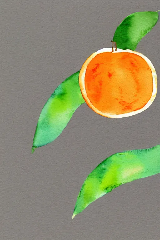 Prompt: minimalist watercolor art of an orange with green leaves, illustration, vector art