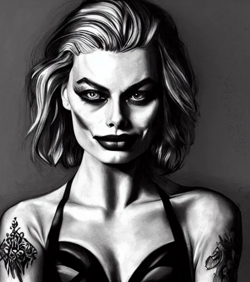 Image similar to tattoo design sketch of beautiful margot robbie portrait with joker makeup, in the style of den yakovlev, realistic face, black and white, faded edges, realism tattoo, hyper realistic, highly detailed