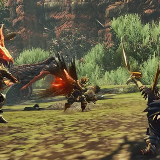 Image similar to monster hunter world gameplay in the style of shindol