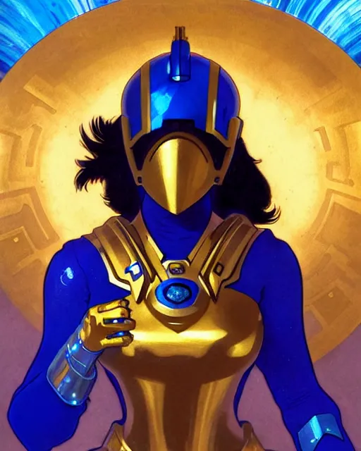 Image similar to a pharah made of blue crystal with a golden mask and helmet hovers ominously in the air inside a high - tech tomb, comic cover painting, masterpiece artstation. 8 k, sharp high quality artwork in style of wayne reynolds, alphonse mucha, arthur adams, greg rutkowski, and don bluth, concept art by jack kirby