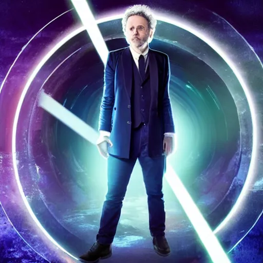 Image similar to a beautiful full body photograph of michael sheen as'doctor who ', time vortex in the background, detailed face, symmetrical face, extreme realism and detail, 8 k, completely framed, direct lighting, 3 5 mm photo, photorealistic, sharp focus