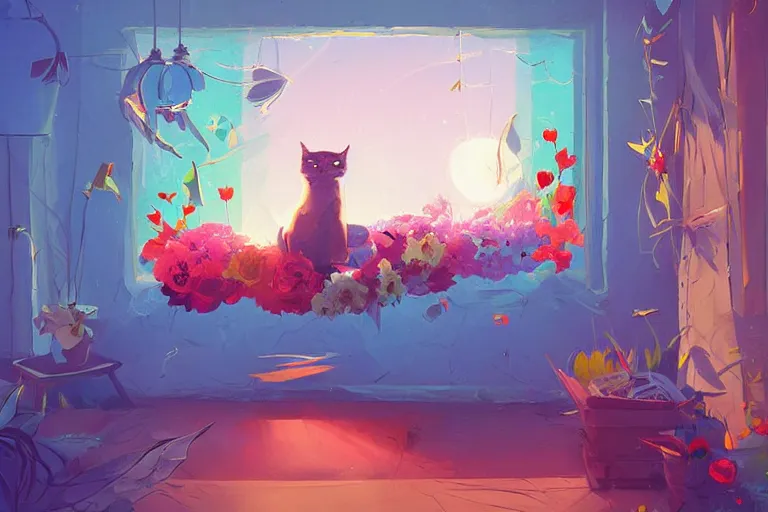 Image similar to a digital art of a cat sleeping in the room with flowers around in the afternoon, the sun shines in, animal, light effect, highly detailed, by anton fadeev