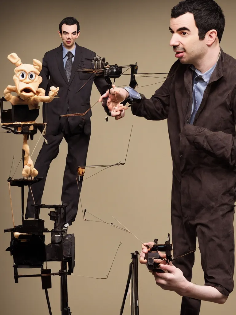 Image similar to photograph of nathan fielder behind a puppet stage controlling a marionette by the strings, high detail, 8 k, photorealism, sharp focus, volumetric lighting