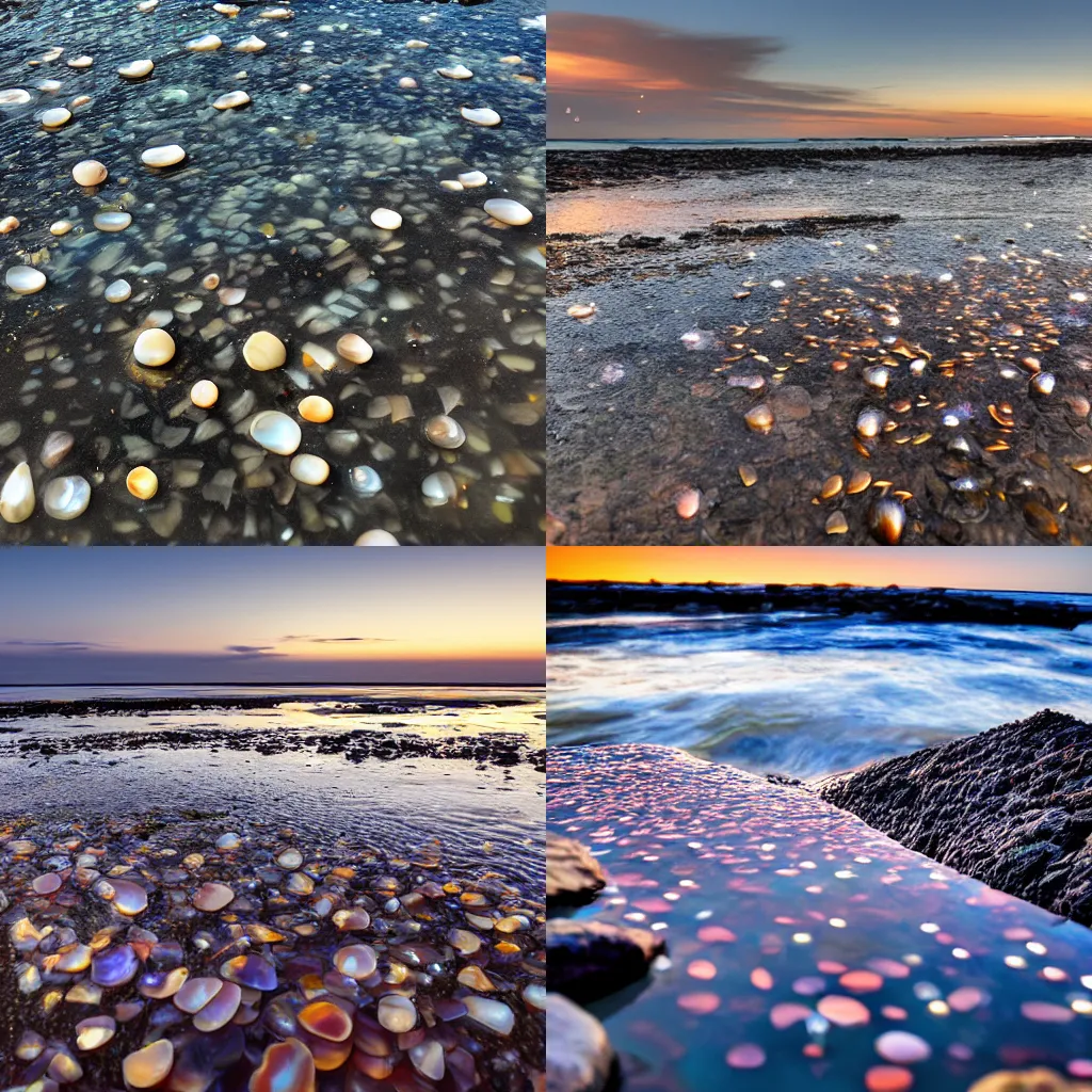 Prompt: sea agates raining down from the sky and splashing into a shallow bioluminescent tide pool at sunset