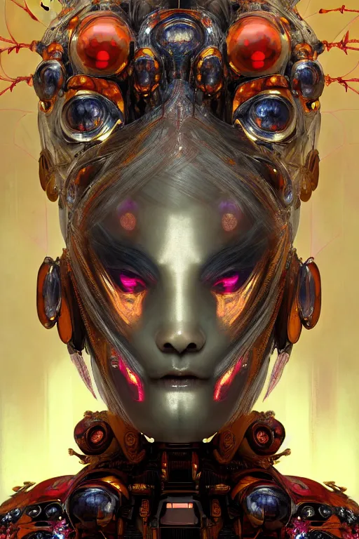 Image similar to asura from chinese myth, ghost, gorgeous and huge head ornaments, dystopian, cyberpunk, organic fractal mycelum and fungi, mecha, halfturn portrait of a big crystal face made of crystals half - turn, ominous, intricate, studio, art by anthony macbain + greg rutkowski + alphonse mucha, concept art, 4 k, sharp focus