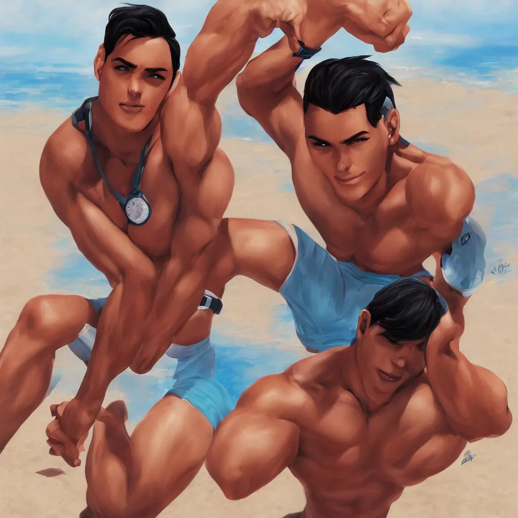 Image similar to A Buff Young Latino Male Lifeguard at the Beach, short black hair, brown eyes, slight smile, art by Artgerm, artstation