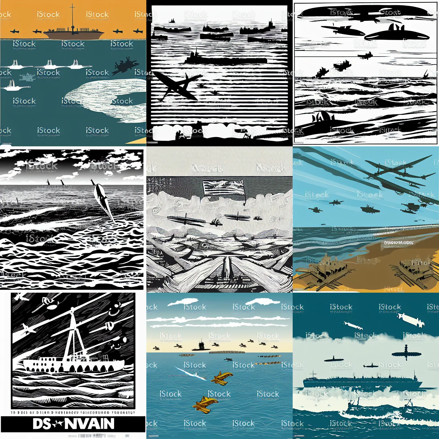 Prompt: vector art showing the invasion of Normandy on D-Day, no text, no frame, no logo