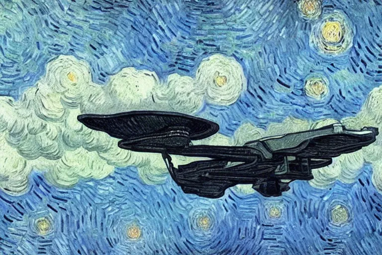 Image similar to detailed oil painting of an Imperial Shuttle spacecraft flying away from earth by Vincent van Gogh