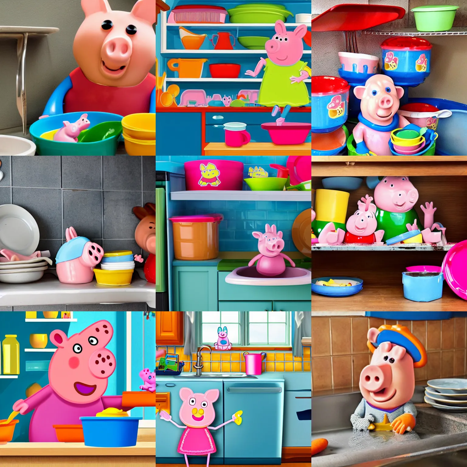 Prompt: dirty dishes piled up and pepa pig refuses to wash them