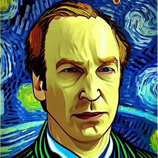 Prompt: a detailed portrait of bob odenkirk as saul goodman by van gogh