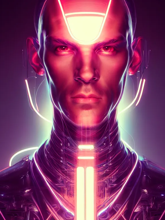 Image similar to portrait of male humanoid, intricate, masculine, cyber neon lights, highly detailed, digital photography, artstation, stylish pose, concept art, smooth, sharp focus, illustration, art by artgerm and greg rutkowski