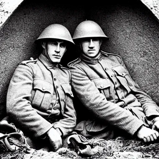 Image similar to 1910s black and white photograph of two world war one soldiers huddled in a bunker together, WWI, black and white