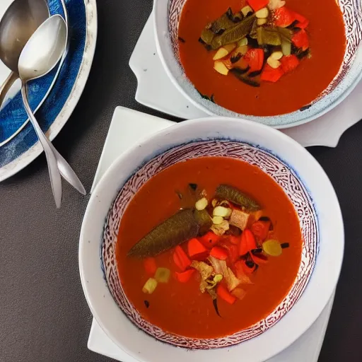 Prompt: very soup of grasshoppers and worms, served with tomatos