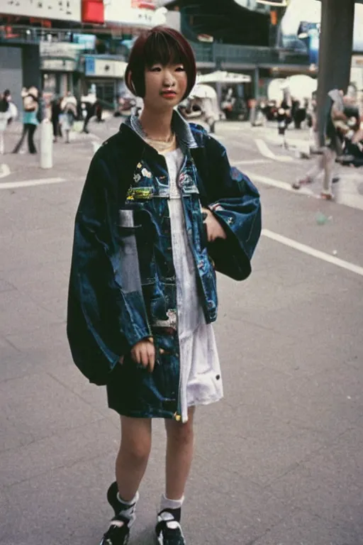 Prompt: a 1 9 9 0 s street fashion photograph of a young japanese woman in 9 0 s fashion!!!, in bubble era tokyo ueno, shot on cinestill 5 0 d with a canon 8 5 mm at f / 5. 6 lens, print magazine quality!!, very photorealistic!!, nineties nostalgia!!!, 4 k