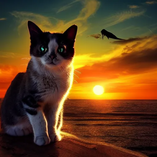 Image similar to beautiful picture of a cat starting at a futuristic sunset, photorealistic, award winning details