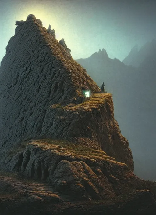 Image similar to A mountain look like a women, troglodyte city, monumental sculpture, ruin, by Artgem and Zdzislaw Beksinski, by Kaspar David Friedrich, cgsociety and beeple highly detailed, sharp focus, cinematic lighting, illustration, art, octane render, Unreal Engine Lumen, very coherent. cinematic, hyper realism, high detail, octane render, 8k