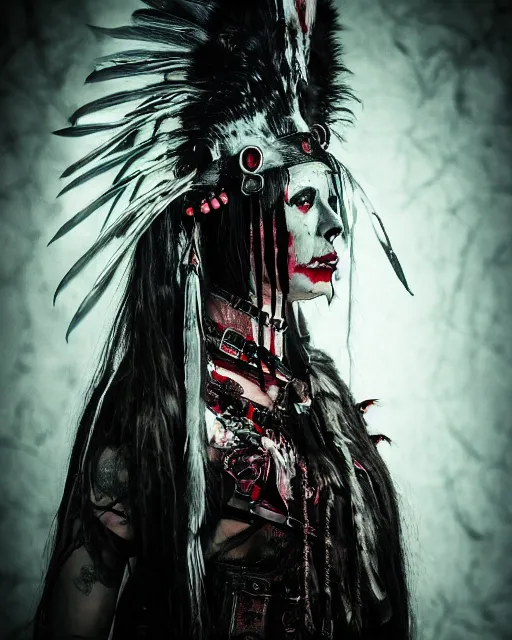 Image similar to lady native sisters ghost - spirit of the grim - warpaint wears the scarlet skull armor and native blood headdress feathers, midnight fog - mist!, cinematic lighting, various refining methods, micro macro autofocus, ultra definition, award winning photo, photograph by ghostwave - gammell - giger - shadowlord