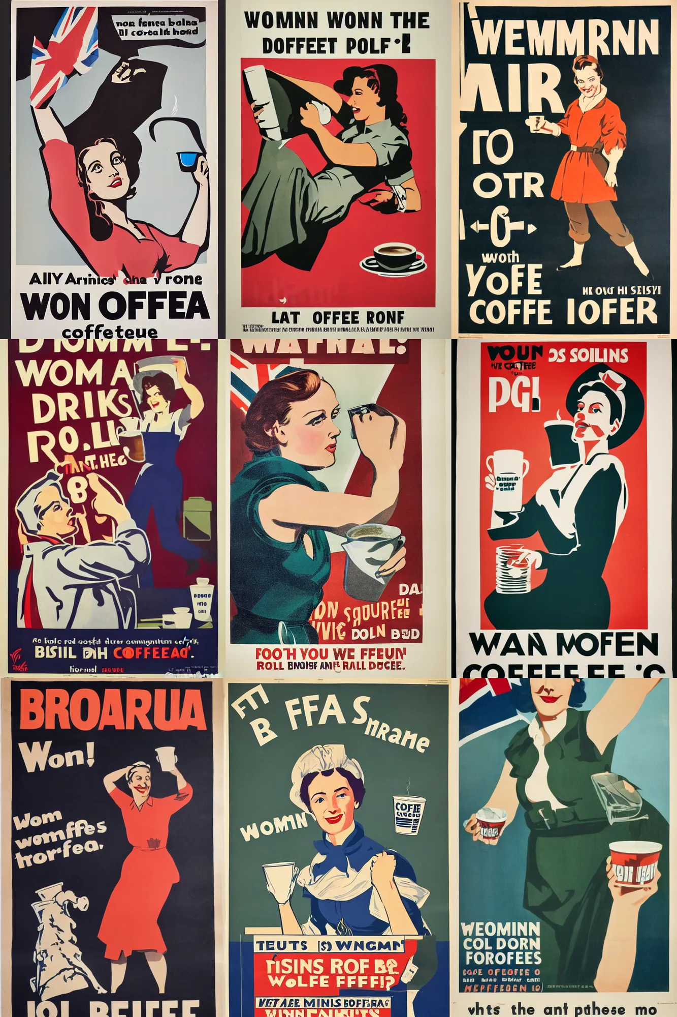 Prompt: british propaganda poster, woman, drink more coffee, roll sleeves up