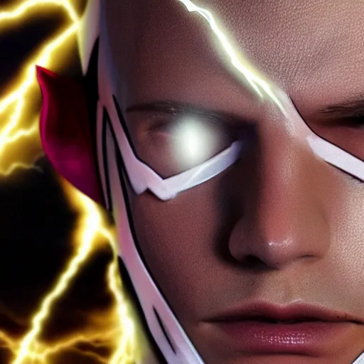 Image similar to close up of The Flash\'s face with lightning, realistic, detailed, 8k