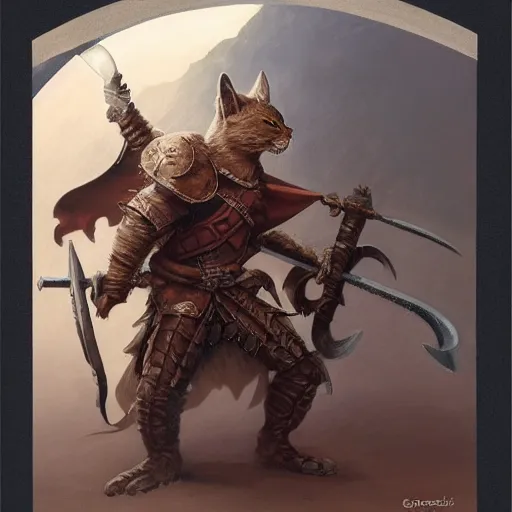 Prompt: ( ( ( full length portrait of tabby tabaxi warrior, halberd, breastplate ) ) ), d & d, tyler jacobson, greg rutkowski, frank frazetta, alexandre chaudret, boris vallejo, michael whelan, miro petrov, magali villeneuve, donato giancola