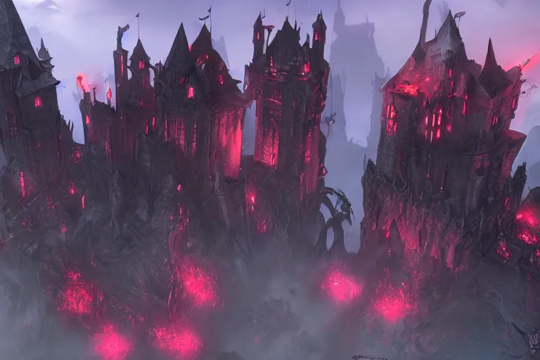 Prompt: big evil castle - city rock dark shadow elves, might and magic heroes vii, dark fantasy, shadows, artstation trending, unreal engine 5, red