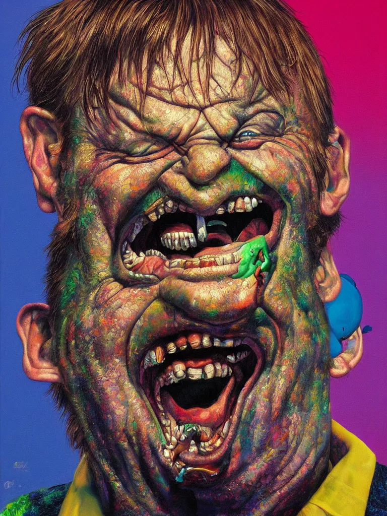 Prompt: hyper realistic painting, head of mark e smith from the fall laughing maniacally, outer glow, by chuck close, lisa frank, simon bisley, and richard corben, very intense, depth of field, depth perception, hyperdetailed, rich deep vivid colours, sharp focus, directional lighting