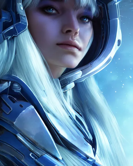 Image similar to perfect android girl on a mothership, warframe armor, beautiful face, scifi, futuristic, galaxy, nebula, raytracing, dreamy, long white hair, blue cyborg eyes, sharp focus, cinematic lighting, highly detailed, artstation, divine, by gauthier leblanc, kazuya takahashi, huifeng huang