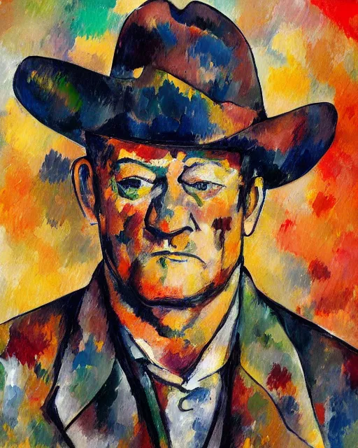 Image similar to abstracted John Wayne painted in extremely thick, muted impasto splatter paint, in muted colors, in impressionist style of Paul Cézanne