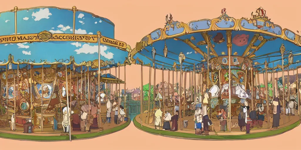 Image similar to a fantasy carousel in the style of studio ghibli, makoto shinkai