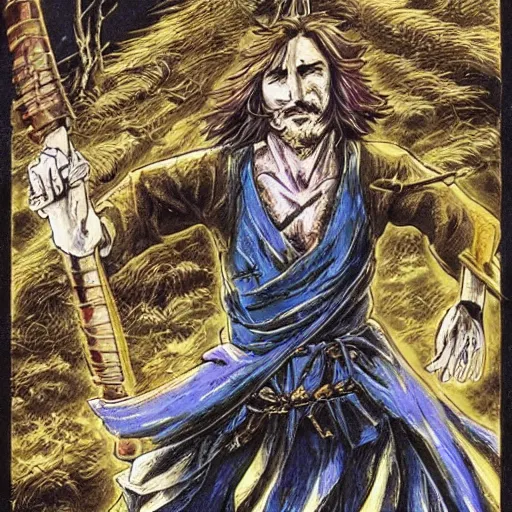 Image similar to pen and ink!!!! attractive 22 year old Frank Zappa x Jared Leto golden Vagabond magic swordsman glides through a beautiful battlefield magic the gathering dramatic esoteric!!!!!! pen and ink!!!!! illustrated in high detail!!!!!!!! by Hiroya Oku!!!!! Written by Wes Anderson graphic novel published on shonen jump 2002 award winning!!!!
