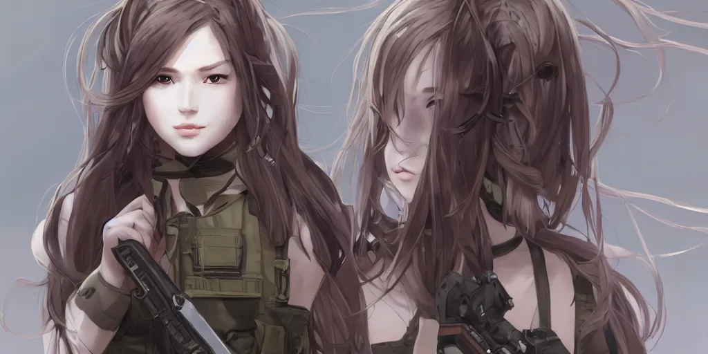 Image similar to soldier girl, concept art, anime style, long hair, hair down, symmetrical facial features, from girls frontline, hyper realistic, pale skin, 4 k, rule of thirds, extreme detail, detailed drawing, trending artstation, hd, fantasy, d & d, realistic lighting, by alphonse mucha, greg rutkowski, sharp focus, backlit, soldier clothing