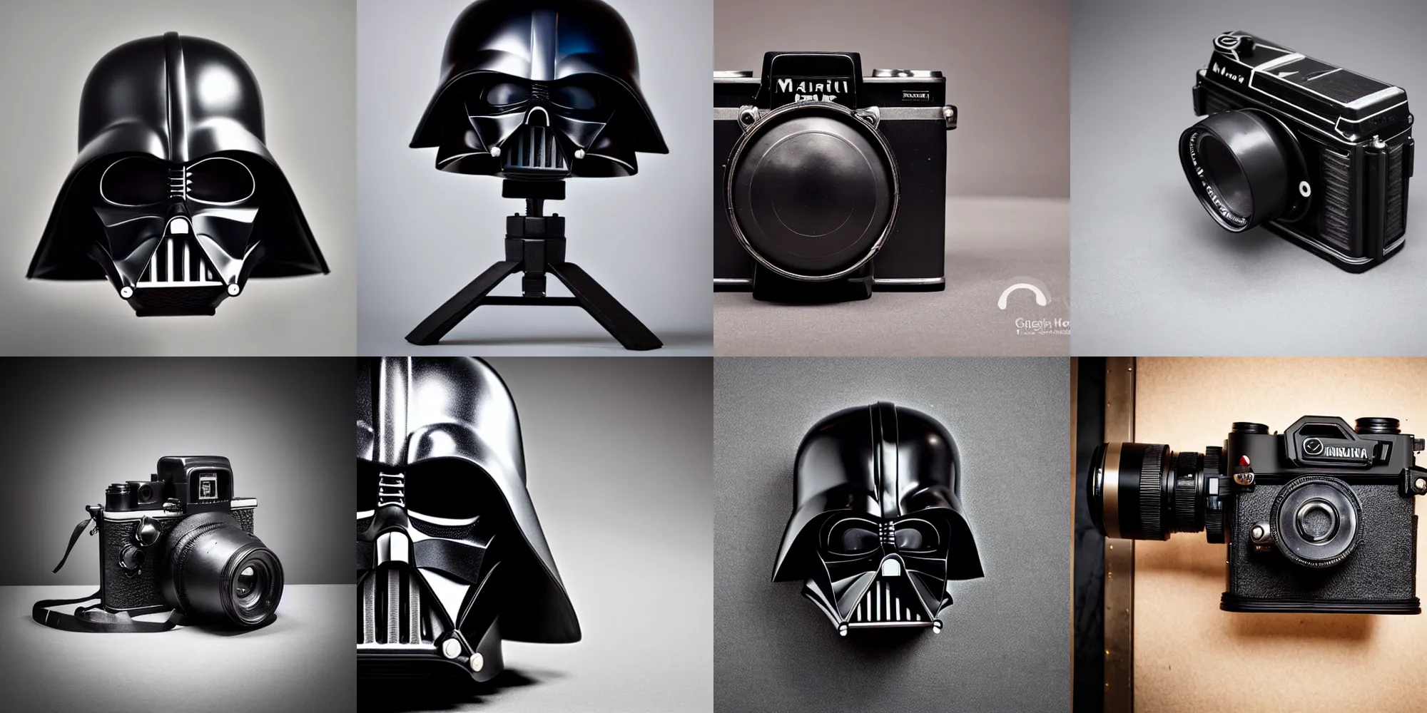 Prompt: photograph of a medium format camera!!! designed to look like Darth Vader's (helmet) . very detailed. plain background. 8K . still life photo. elegant vintage design.