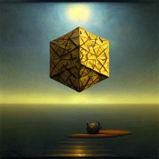 Image similar to a highly detailed oil painting of an icosahedron floating above a reflective lake, Agostino Arrivabene