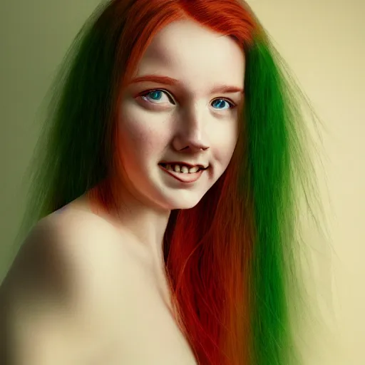 Image similar to a fantastic portrait photograph of a smiling girl with red hair and green eyes by Alessio Albi, symmetrical face, artstation, deviantart, hyperrealism