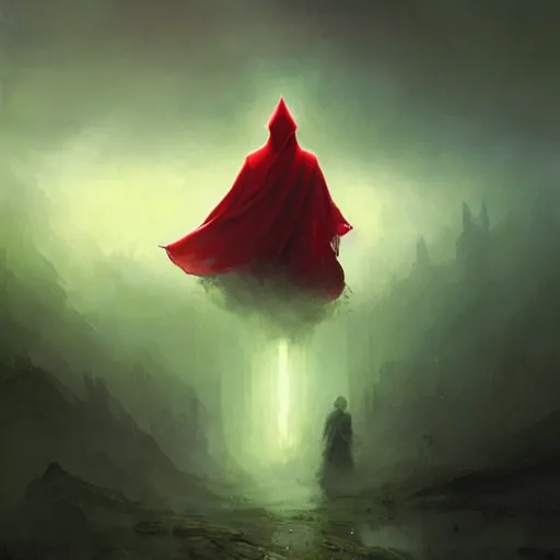 Image similar to ''cinematic shot'' red hooded mage ( spectre ) with leaves falling simetrical 8 k atmosferic realistic, green cape, holding a bell, made by ivan aivazovsky, peter mohrbacher, greg rutkowski volumetric light effect broad light oil painting painting fantasy art style sci - fi art style realism premium prints available artwork unreal engine