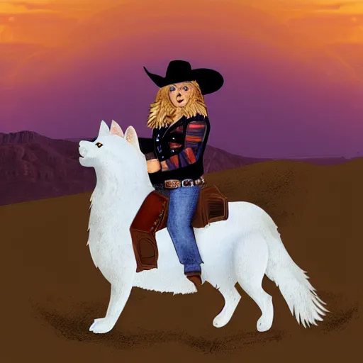 Prompt: siberian cat in a cowboy hat riding a corgi, wild west, sunset