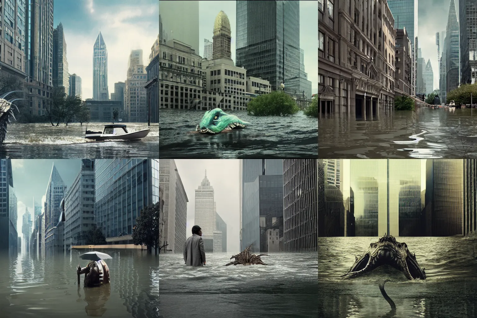Prompt: stunningly beautiful large format photo, exterior of a flooded financial district, with sea monster, by jeff wall, VFX and comp by ILM, 10k