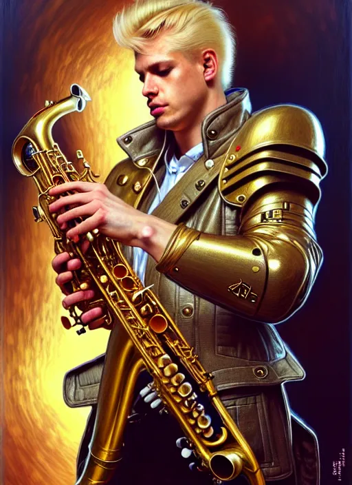 Prompt: portrait of a blond man playing sax, warhammer 40000, cyberpunk, intricate, highly detailed, digital painting, artstation, concept art, smooth, sharp focus, illustration, art by Amano and Karol_Bak and artgerm and greg rutkowski and alphonse mucha and Gustav Klimt and Kojima