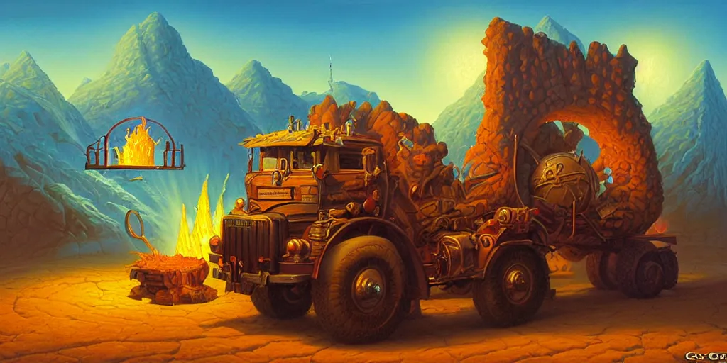 Prompt: classic oil painting, an adventurous dump truck opening a portal to a magical place, as a dnd character, cottagecore, highly detailed, digital illustration, concept art, smooth, sharp focus, art by greg hildebrandt, and tim hildebrandt